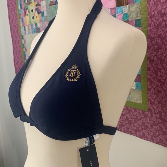 Tommy Hilfiger bikini top halter style in navy blue with TH logo in gold , 10 - Picture 5 of 6